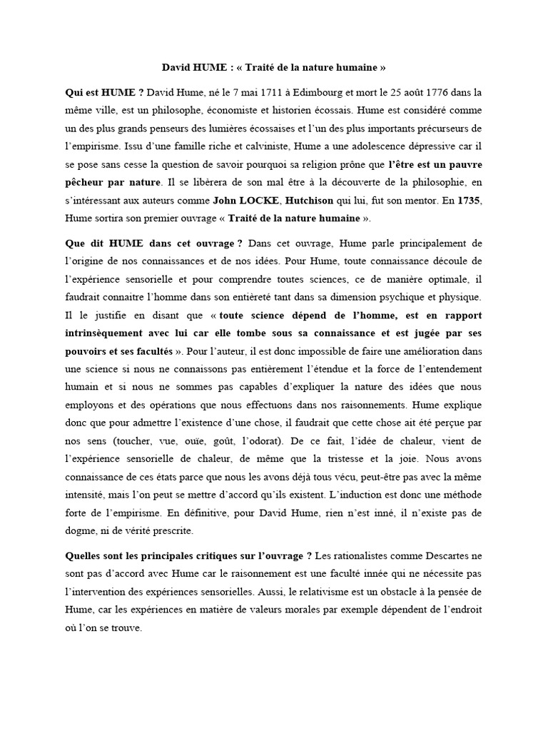 Résumé Du Traité de La Nature Humaine de Hume | PDF | David Hume ...