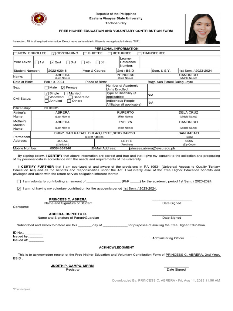 Free Education Form For 202202018 SEM 1 SY 20232024 PDF