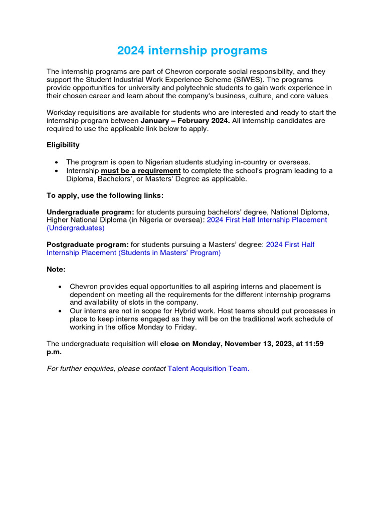 Chevron Nigeria Internship 2024 Guide | PDF | Business