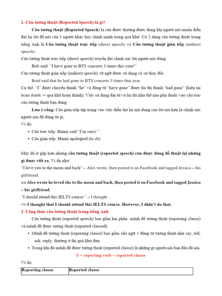 1. Câu tường thuật (Reported Speech) là gì?: S + reporting verb ...