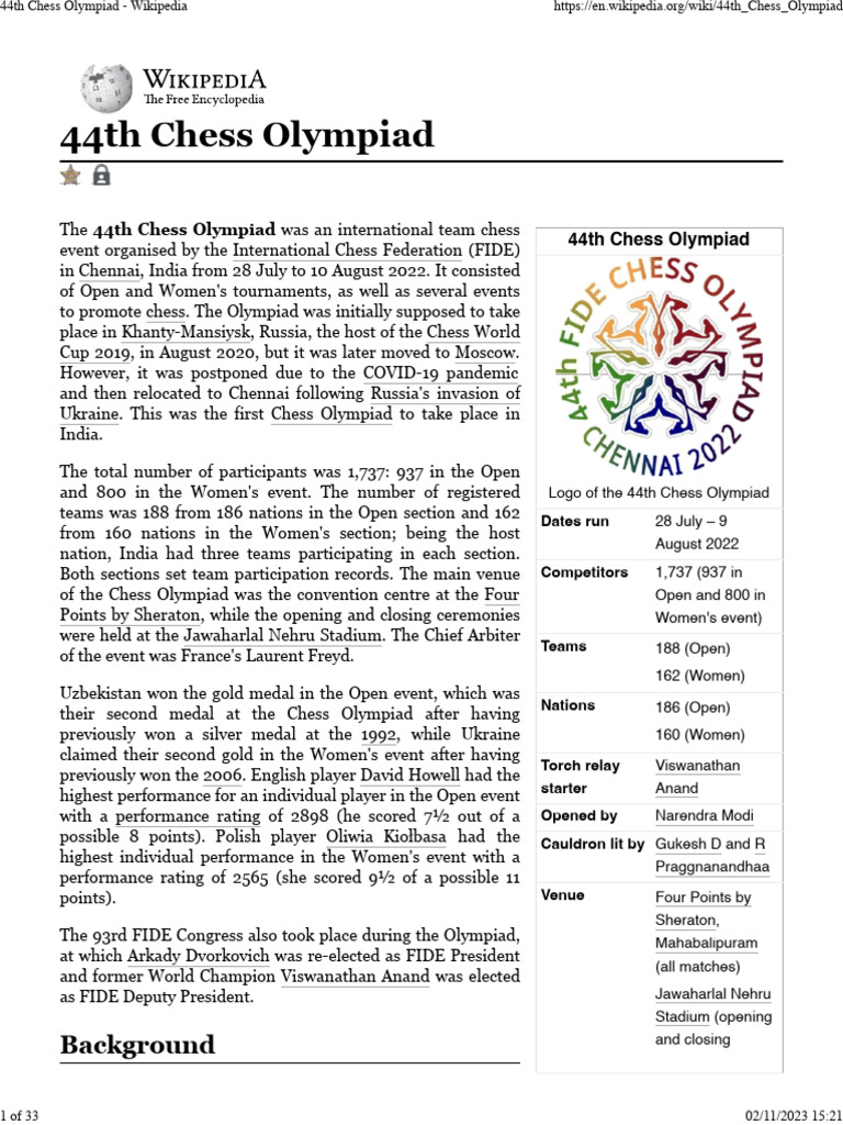 44th Chess Olympiad PDF Chess Olympiads Chess Grandmasters