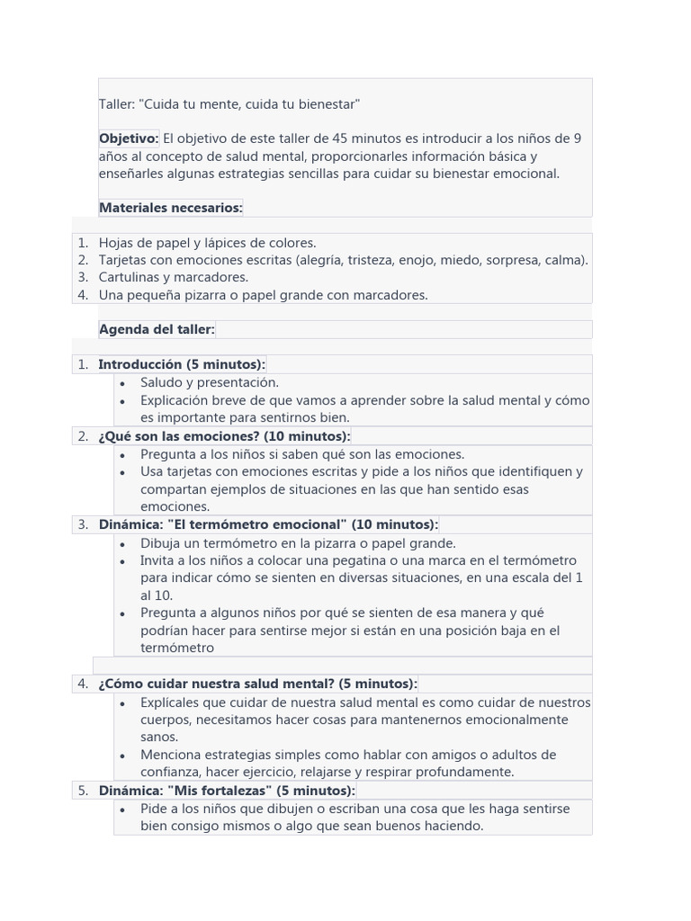 Taller de Salud Mental para Niños | PDF | Las emociones | Salud mental