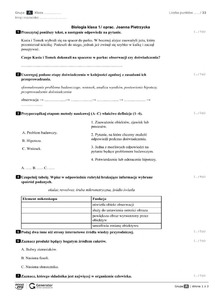 Nowa Era Biologia Klasa 6 Sprawdziany Biologia Sprawdzian 1 Klasa Liceum Dzial 1 | PDF