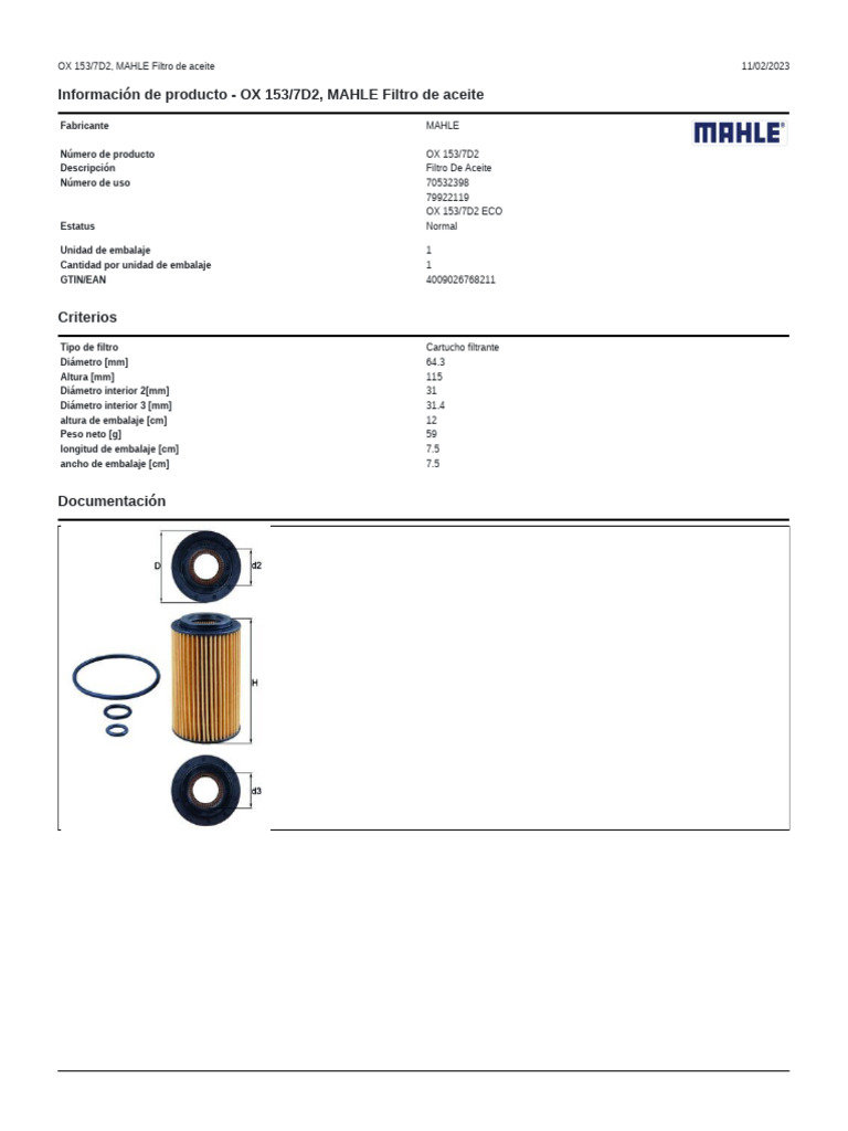 Filtro de Aceite MAHLE OX 153/7D2 | PDF | Vehículos terrestres | Vehículos