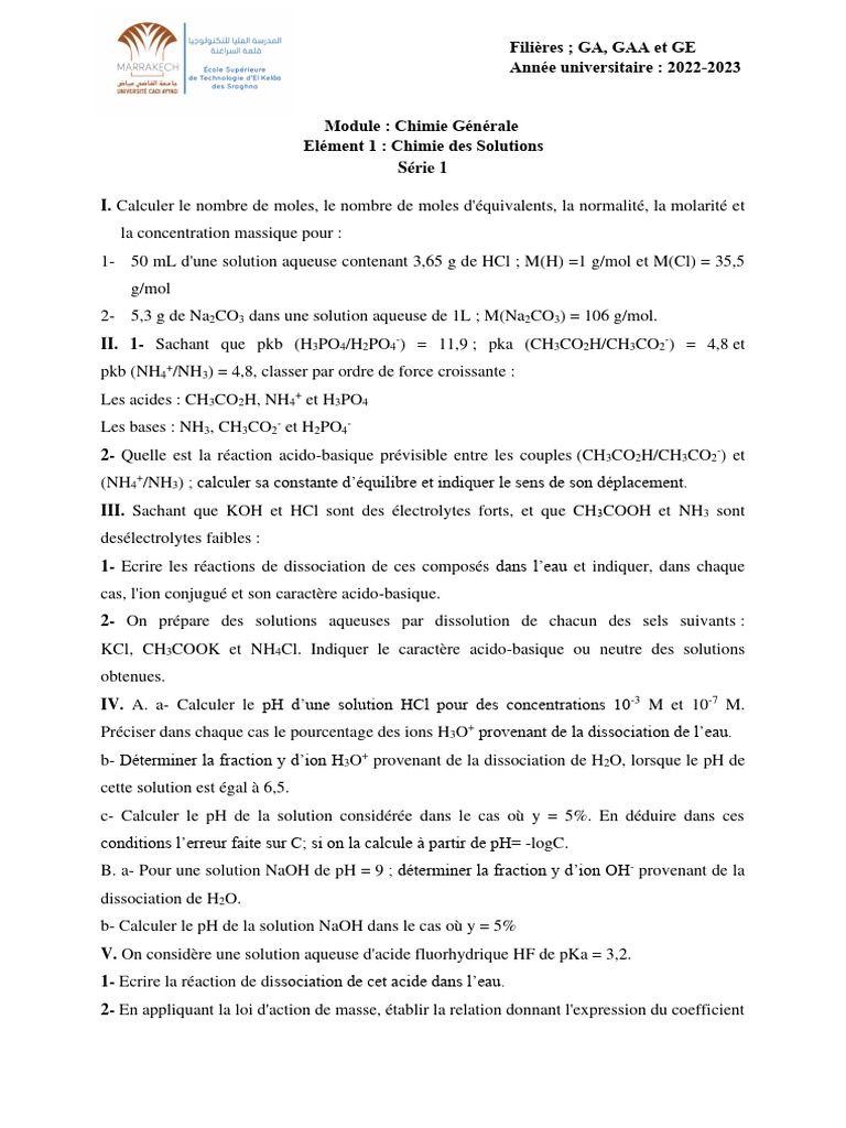 Exercice sur la Chimie des Solutions | PDF | Dissociation (chimie) | Ph
