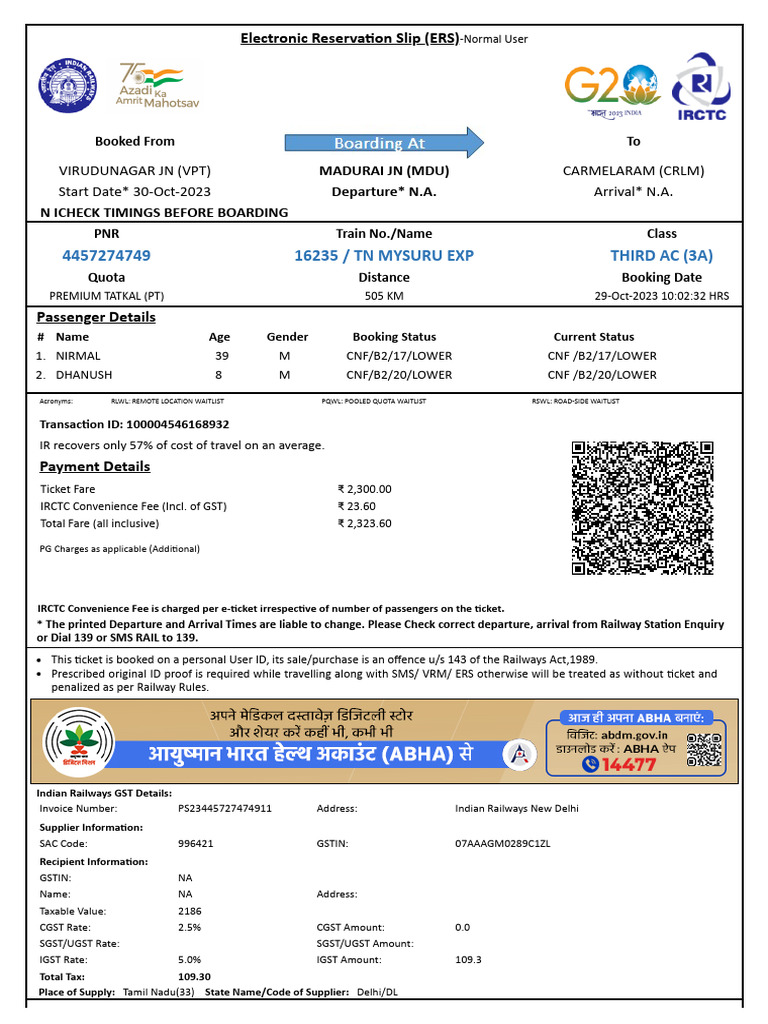 Mantralayam Train Ticket Details | PDF | Identity Document