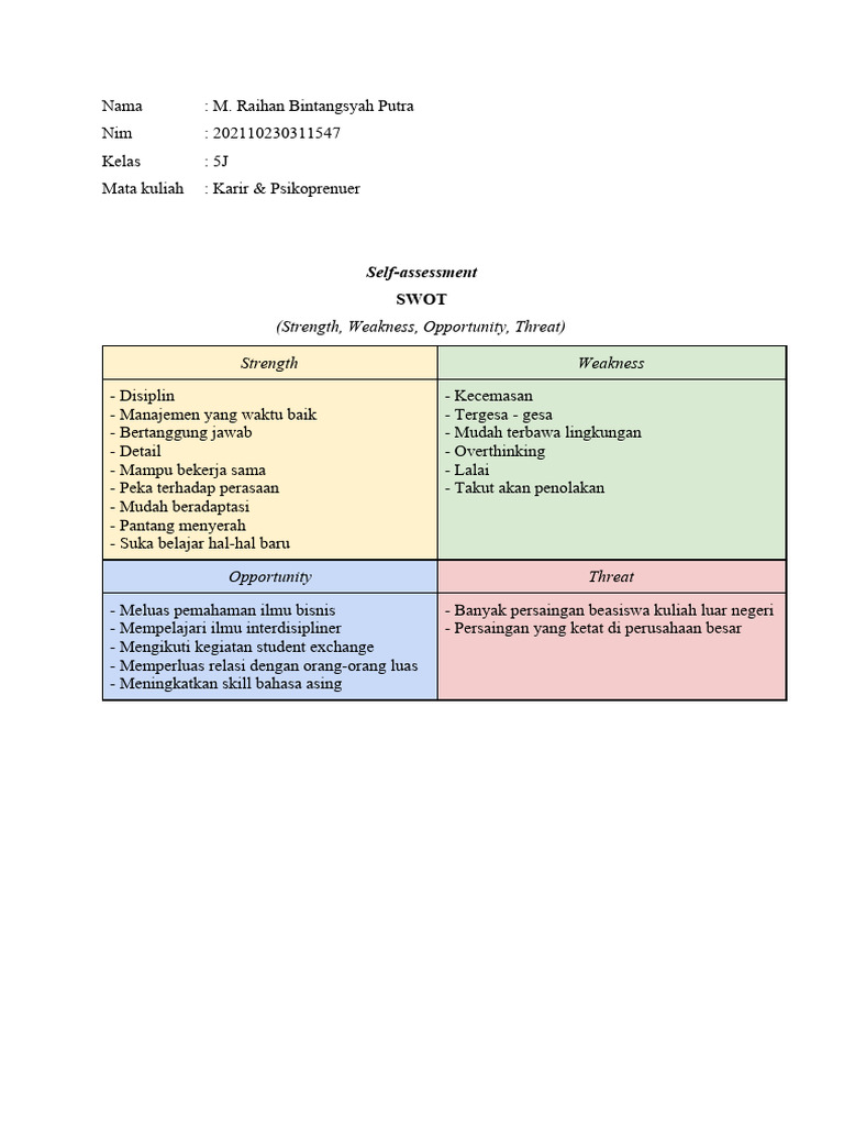 Rencana Karir dan Analisis SWOT M. Raihan | PDF | Karier & Perkembangan ...