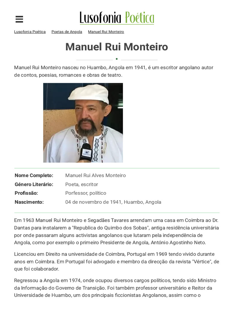 Vida e Obra de Manuel Rui Monteiro | PDF | Angola