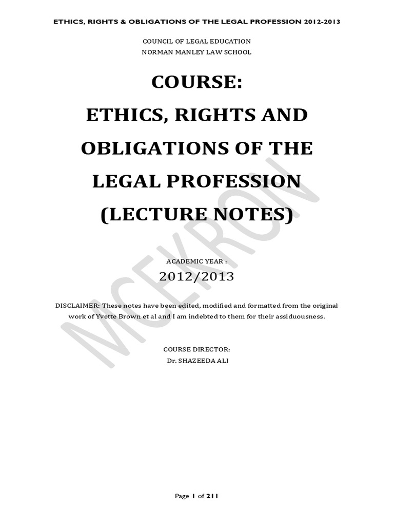 Law of Ethics Notes 20122013 PDF Barrister Lawyer