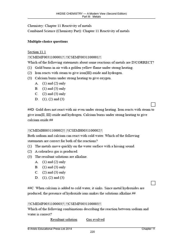 Chapter 11 MultipleChoice Questions PDF Zinc Sodium Hydroxide