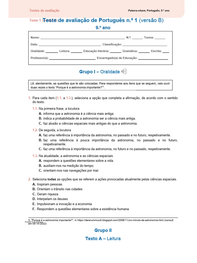 Teste de Português - 9.º Ano | PDF | Eclipse | Lua