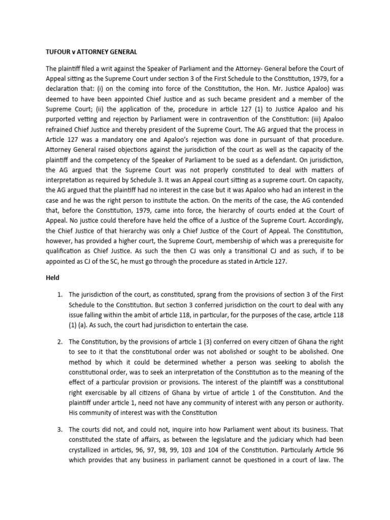 TuFour v Attorney General Case Brief | PDF | Constitution | Supreme ...