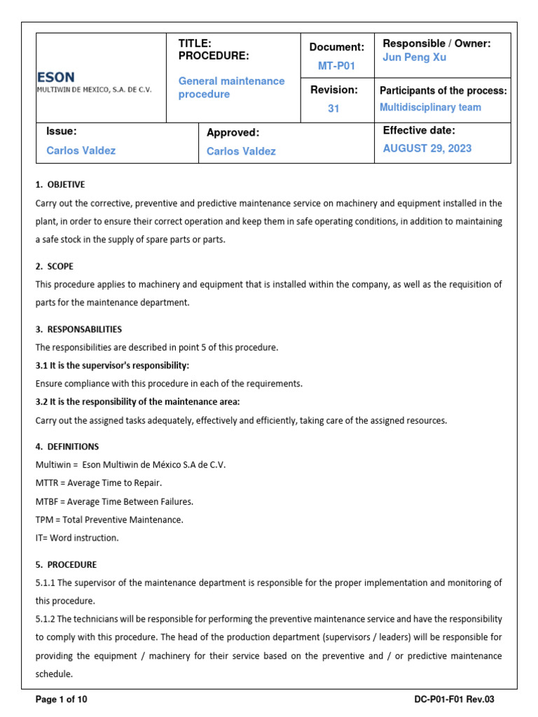 General Maintenance Procedure Overview | PDF | Engineering | Business