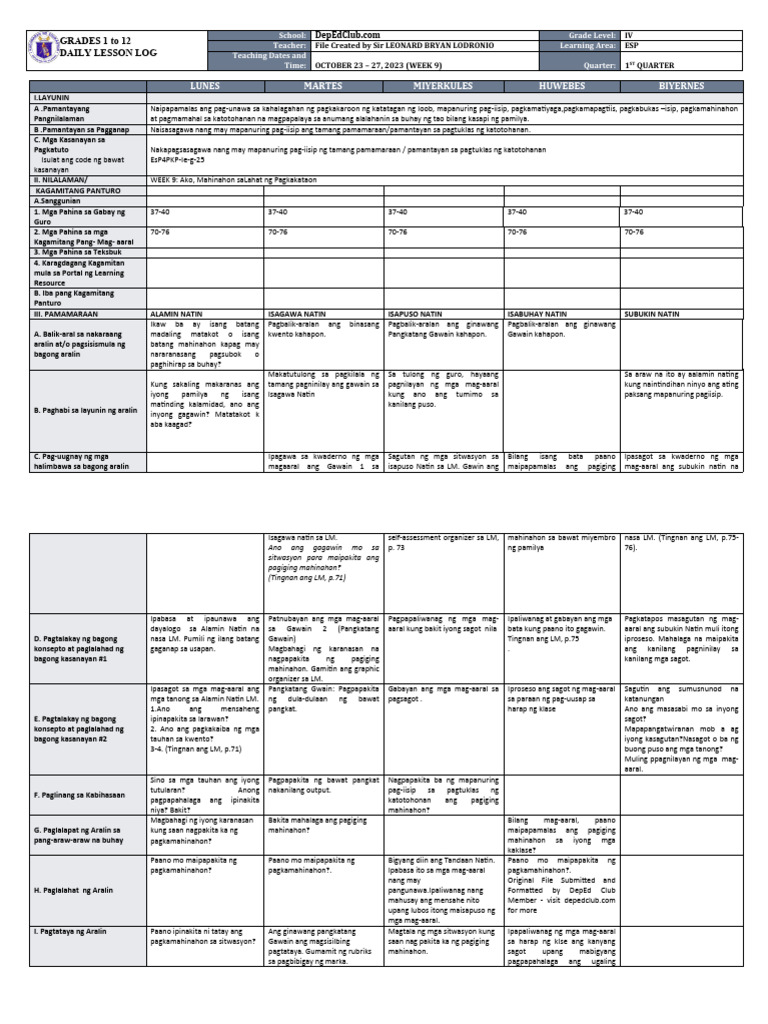 DLL - Esp 4 - Q1 - W9 | PDF