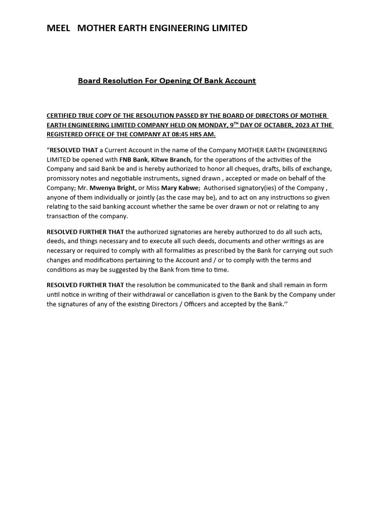 Board Resolution For Opening of Bank Account | PDF