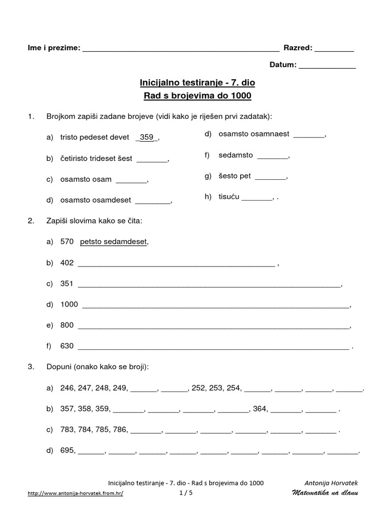 Inicijalno Testiranje 7 Brojevi Do 1000 | PDF