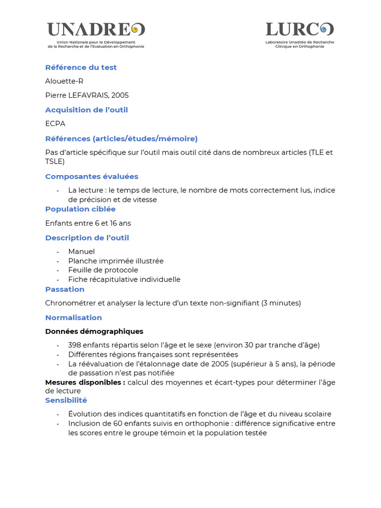 Test de l'Alouette : Évaluation de la Lecture | PDF | Études des ...