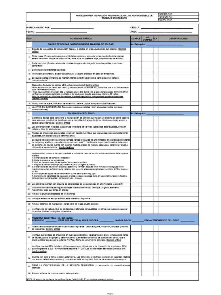 Form-Sst-115 Inspeccion Preoperacional de Herramientas Trabajo Caliente ...