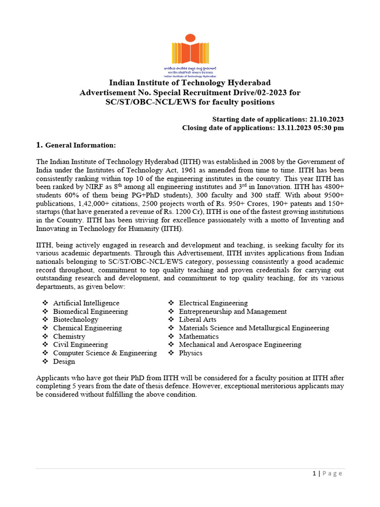 IITH Special Drive Advt October 2023 PDF Engineering Doctor Of 