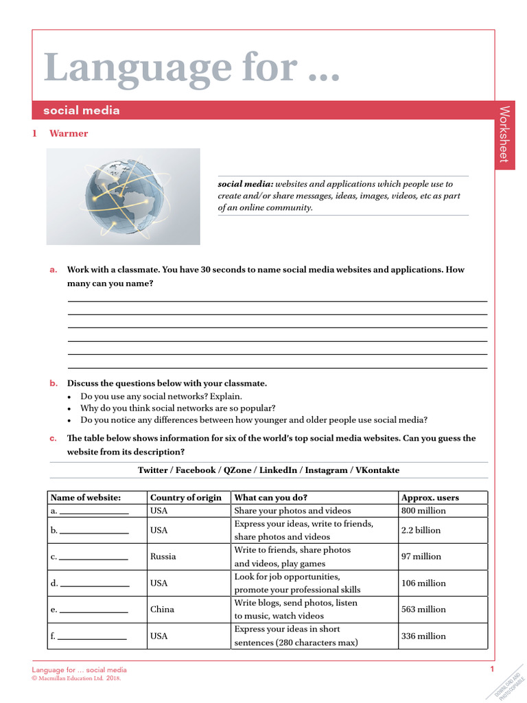 Social Media Language Worksheet | PDF | Social Media | Popular Culture ...