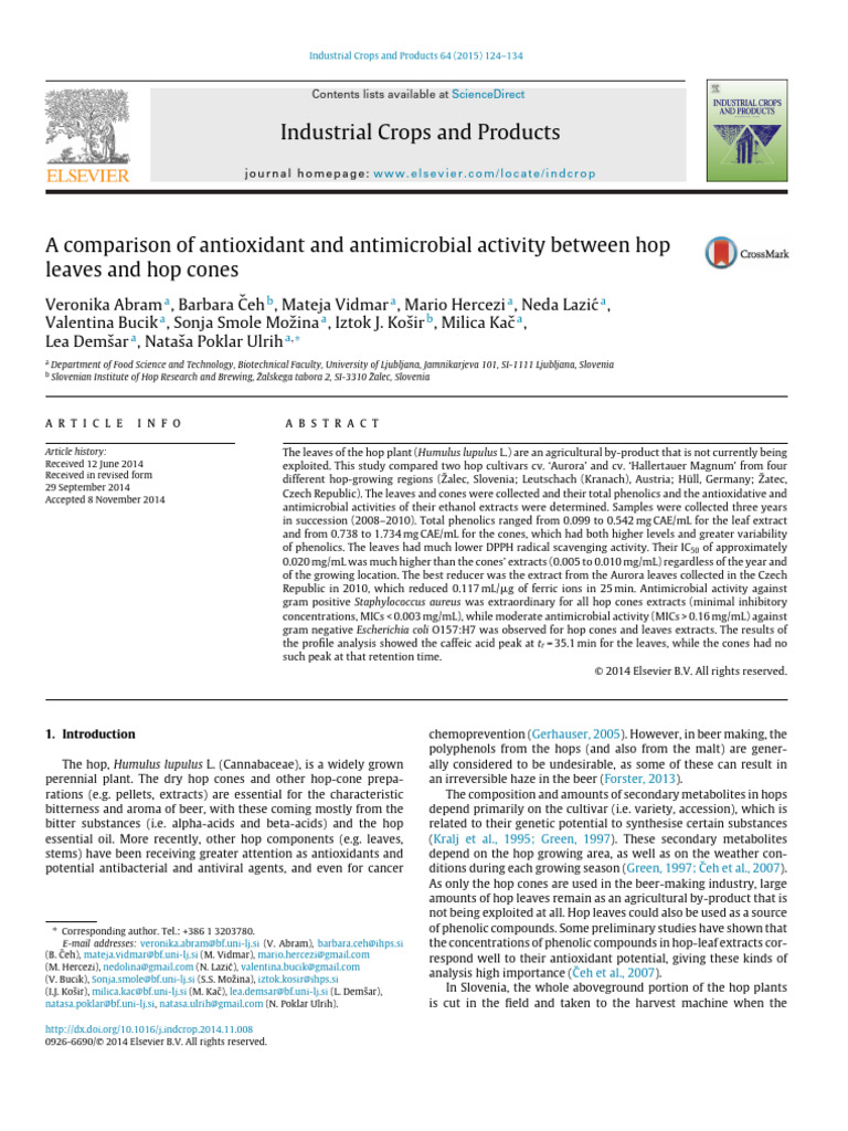 Antioxidant and Antimicrobial Properties of Hop Leaves vs. Cones | PDF ...