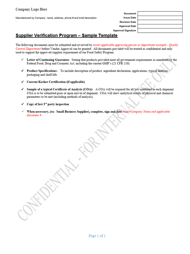 5a Sample Supplier Verification Program Template PDF