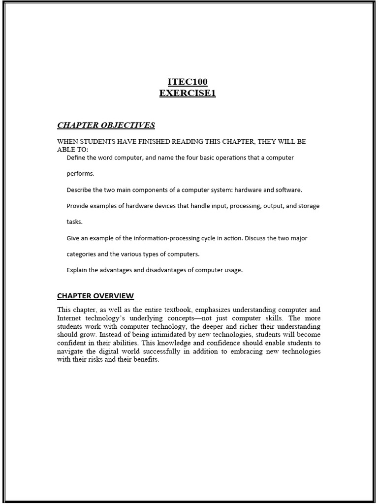 ITEC100 Exercise1: Chapter Objectives | PDF