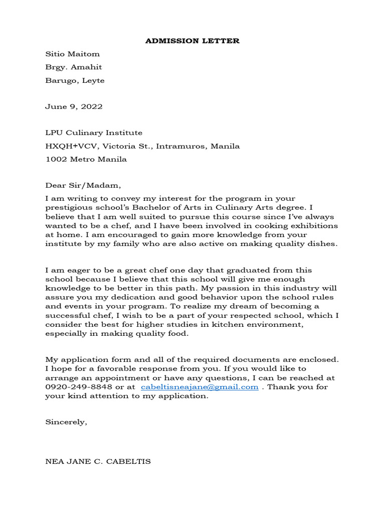Admission Letter PDF