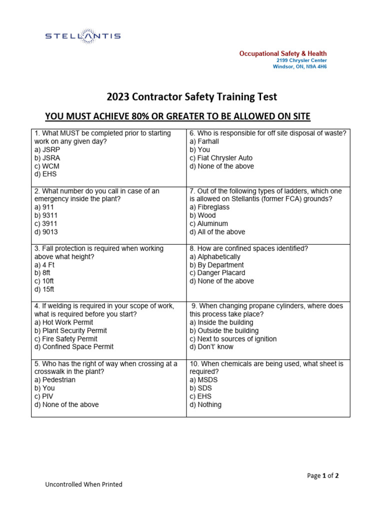 Contractor Safety Training Quiz | PDF | Safety | Occupational Safety ...