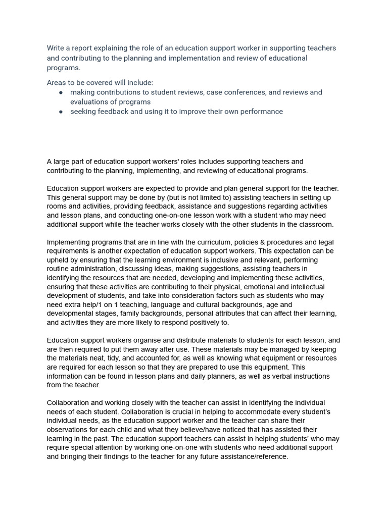 Write A Report Explaining The Role of An Education Support Worker PDF