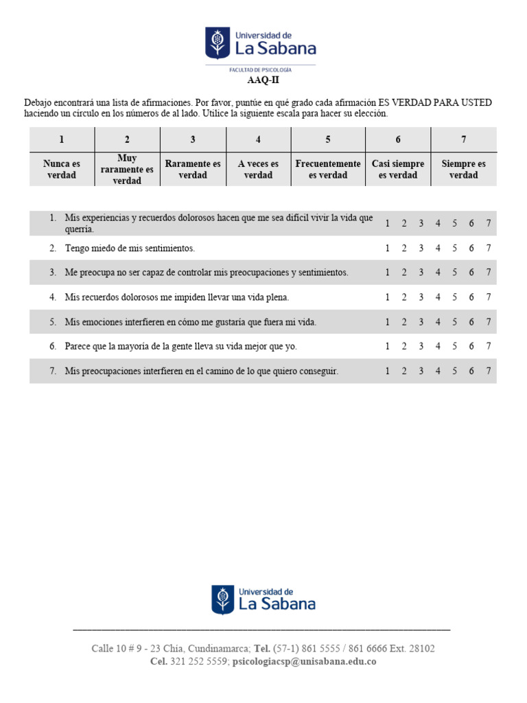 AAQ-II (Acceptance and Action Questionnaire-II) UNISABANA | PDF