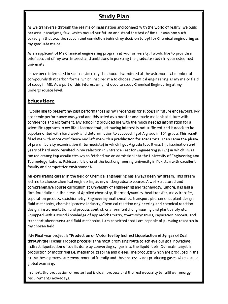 Chemical Engineering Graduate Study Plan | PDF | Engineering | Fuels