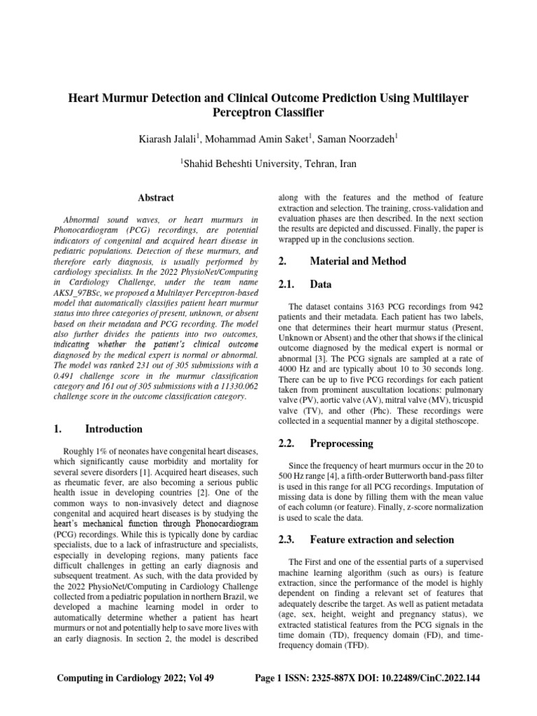Heart Murmur Detection and Clinical Outcome Prediction Using Multilayer ...