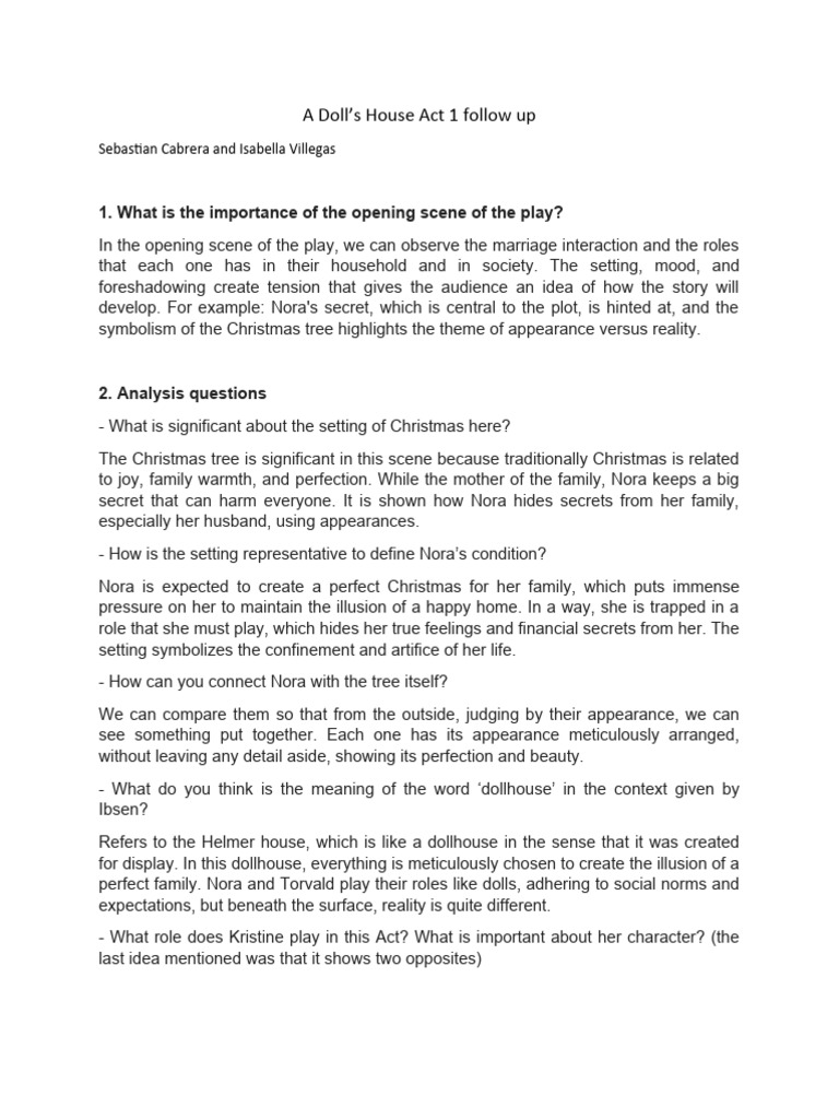 A Doll’s House Act 1 Follow Up PDF Gender Role A Doll's House