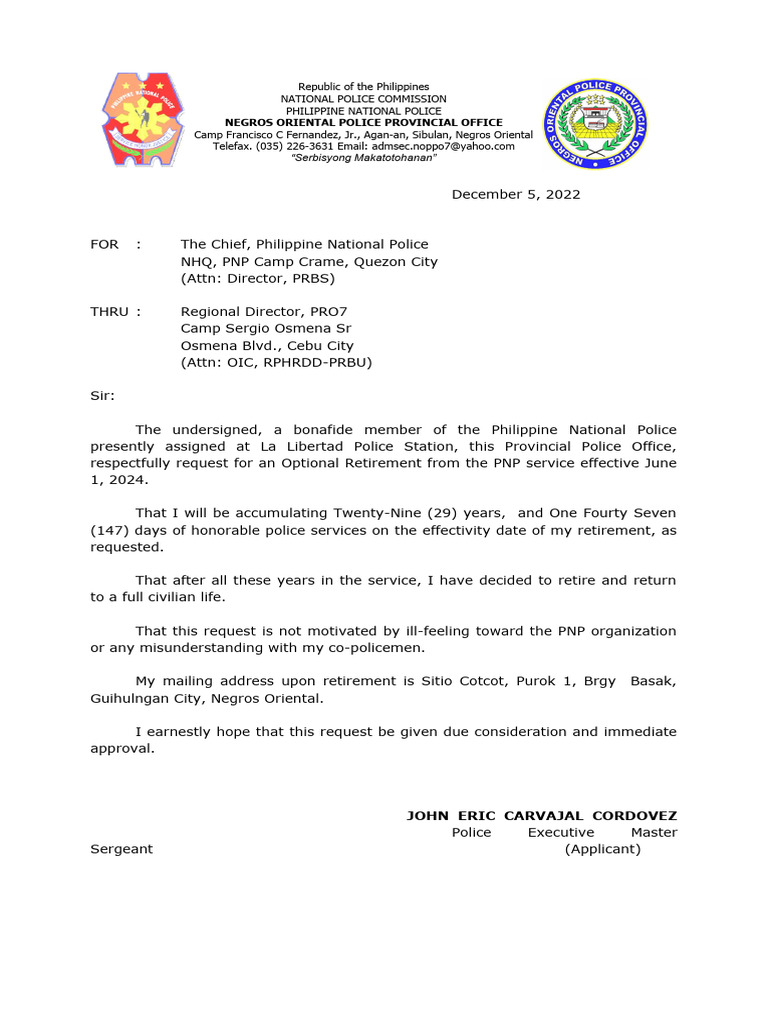 PNP Optional Retirement Request 2024 | PDF | Affidavit | Government