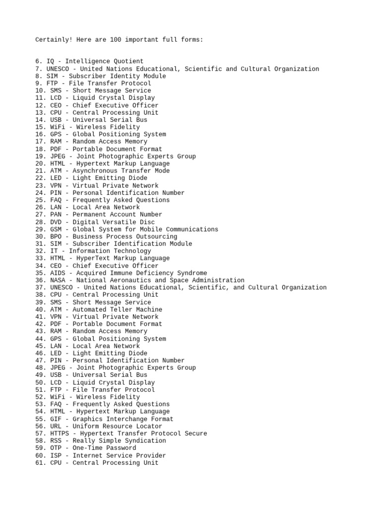 100 Important Full Forms PDF Computer Network File Transfer Protocol
