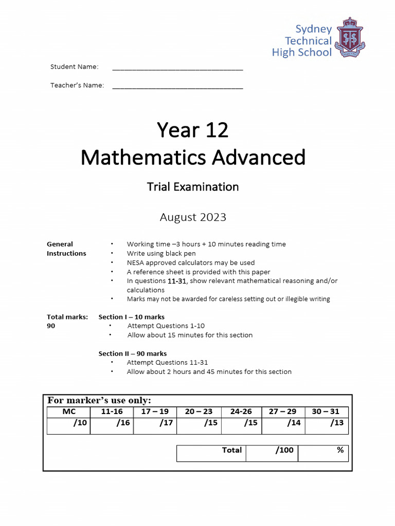 Sydney Tech 2023 Mathematics Advanced Solutions | PDF | Function ...