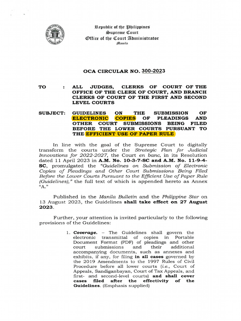 OCA Circular 300-2023: E-Filing Guidelines | PDF | Government | Public Law