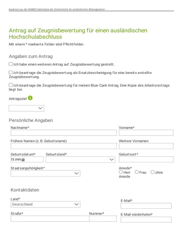 Antragsformular Anabin Informationssystem Zur Anerkennung 