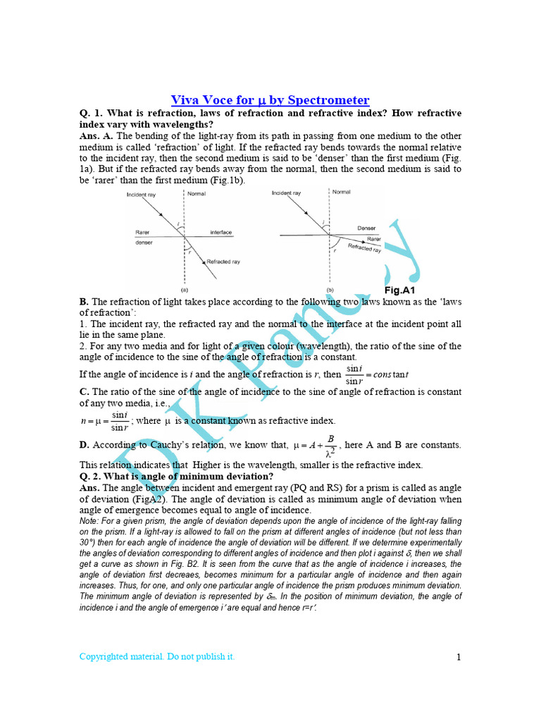 Viva Voce Refractive Index PDF Refraction Dispersion (Optics)