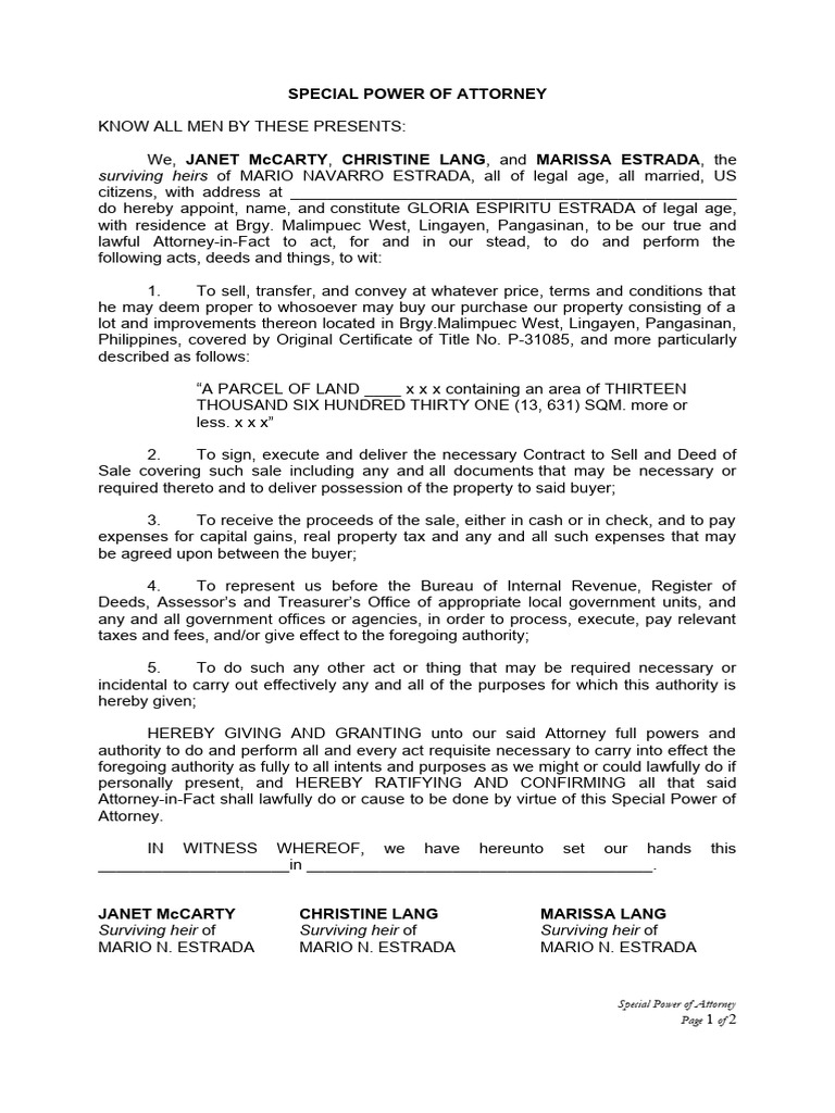 SPA To Sell Property PDF Power Of Attorney Deed