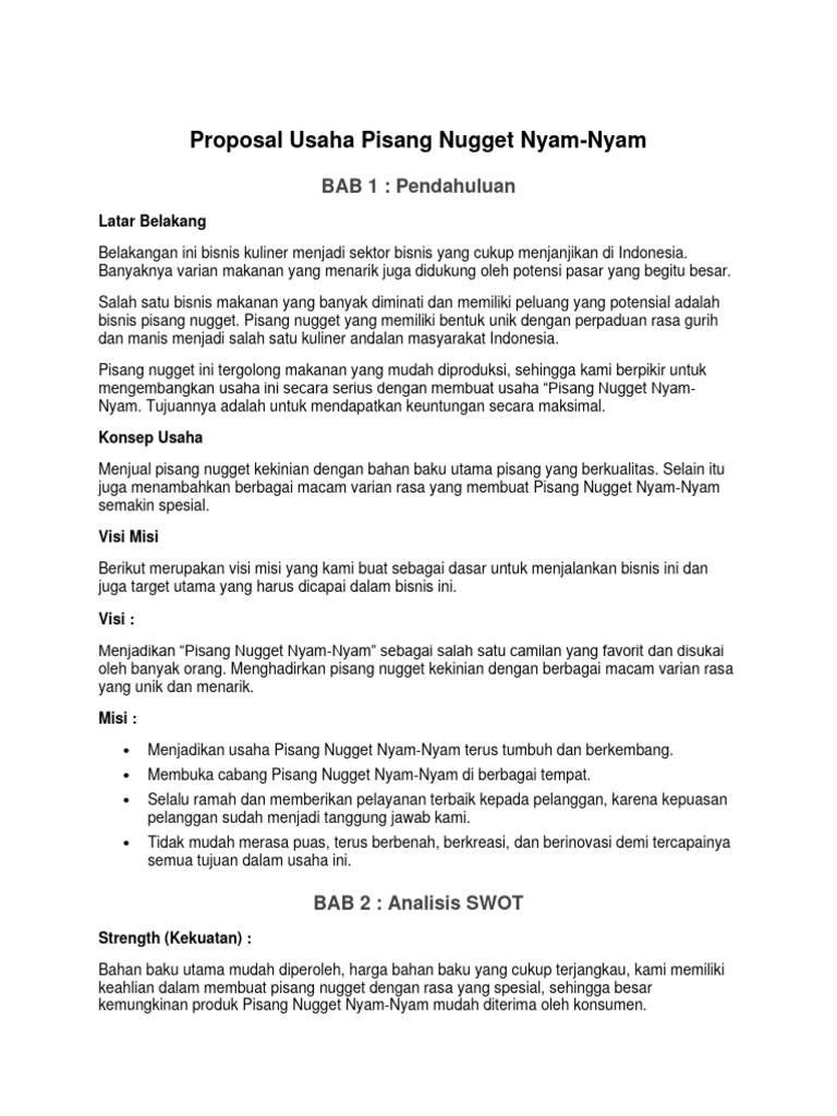Proposal Usaha Pisang Nugget Nyam Nyam Pdf