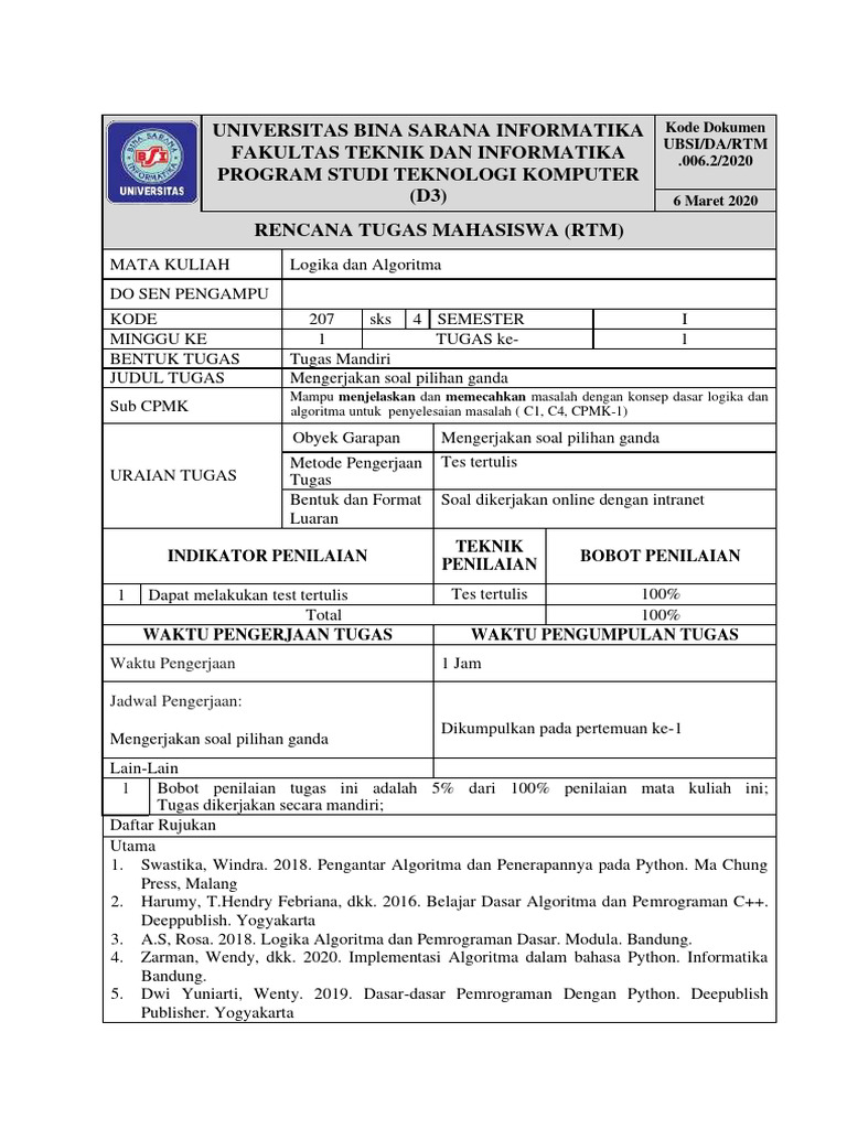 Rencana Tugas Logika dan Algoritma | PDF | Komputer | Teknologi & Rekayasa