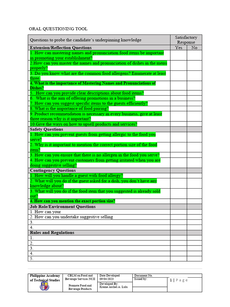 Oral Questioning Tool | PDF | Food Allergy | Drink