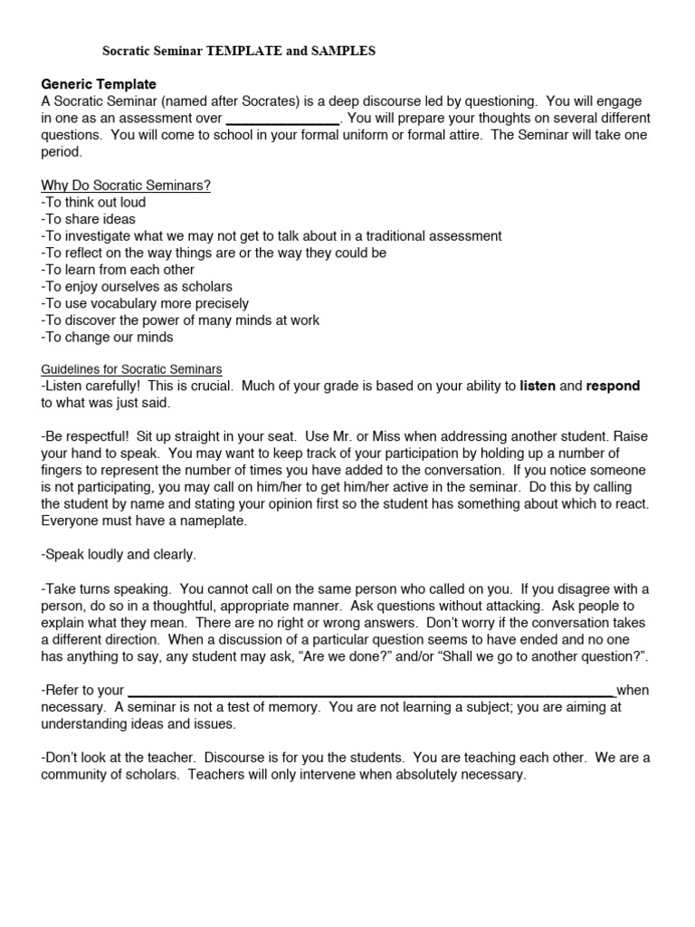 Socratic Seminar Template and Samples Download Free PDF Rubric