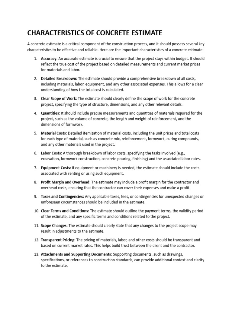 Characteristics of Concrete Estimate PDF Concrete Cost