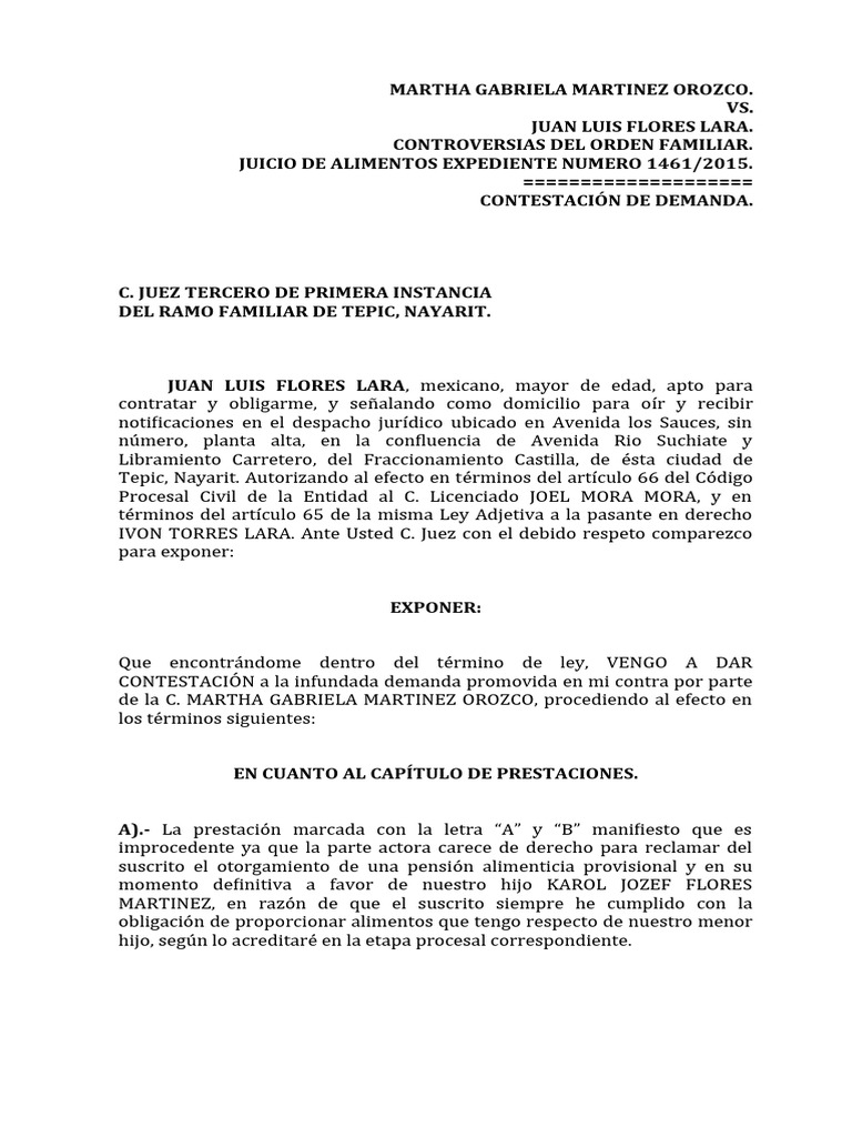 Contestación de Demanda de Alimentos | PDF | Demanda judicial | Judicaturas
