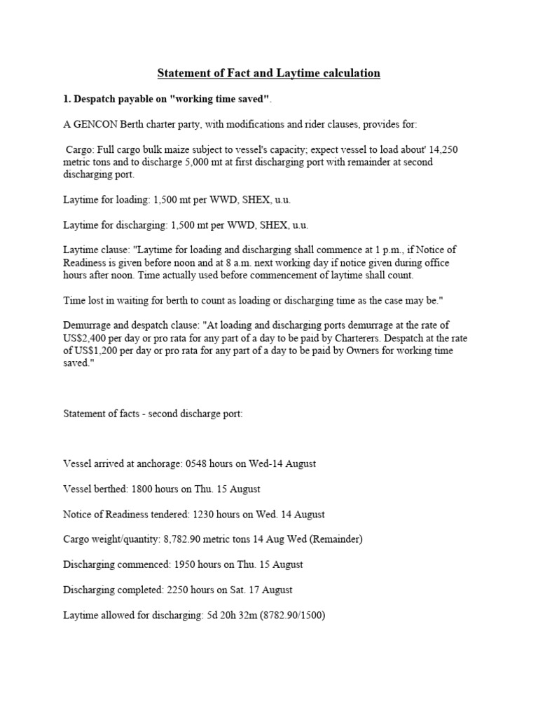 Laytime calculation practice exercises with solution pdf shipping