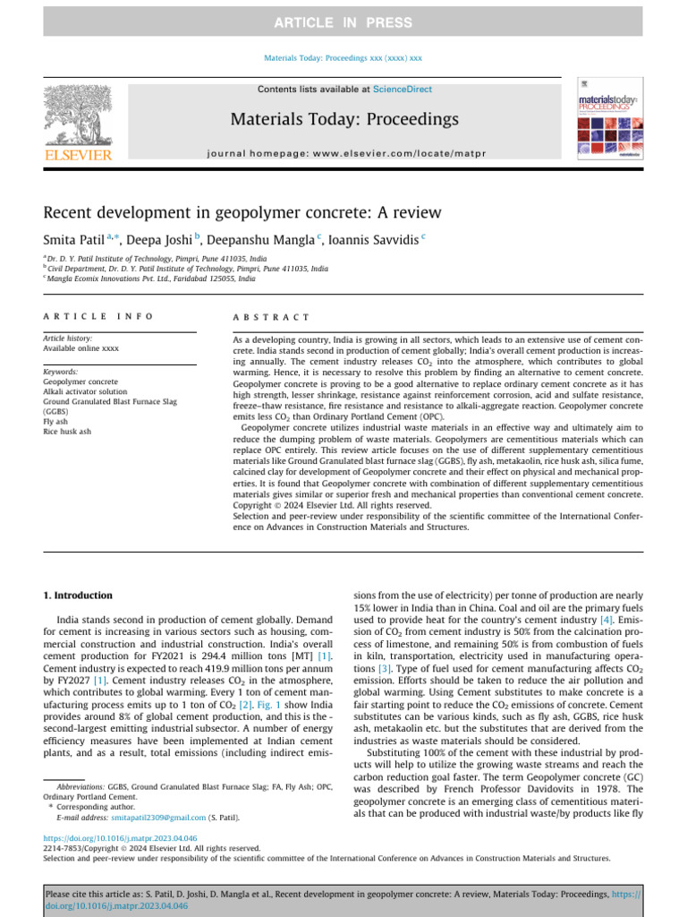 Recent Development in Geopolymer Concrete - A Review | PDF | Concrete ...