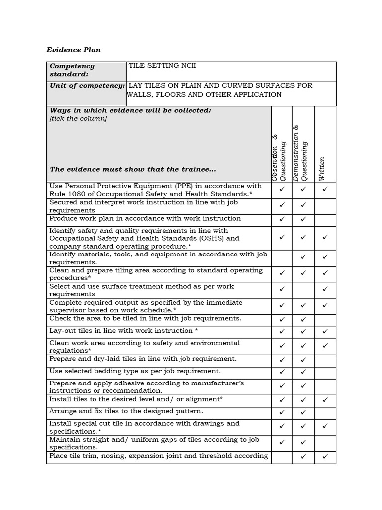 Tile Setting Evidence Collection Plan | PDF | Tile | Safety